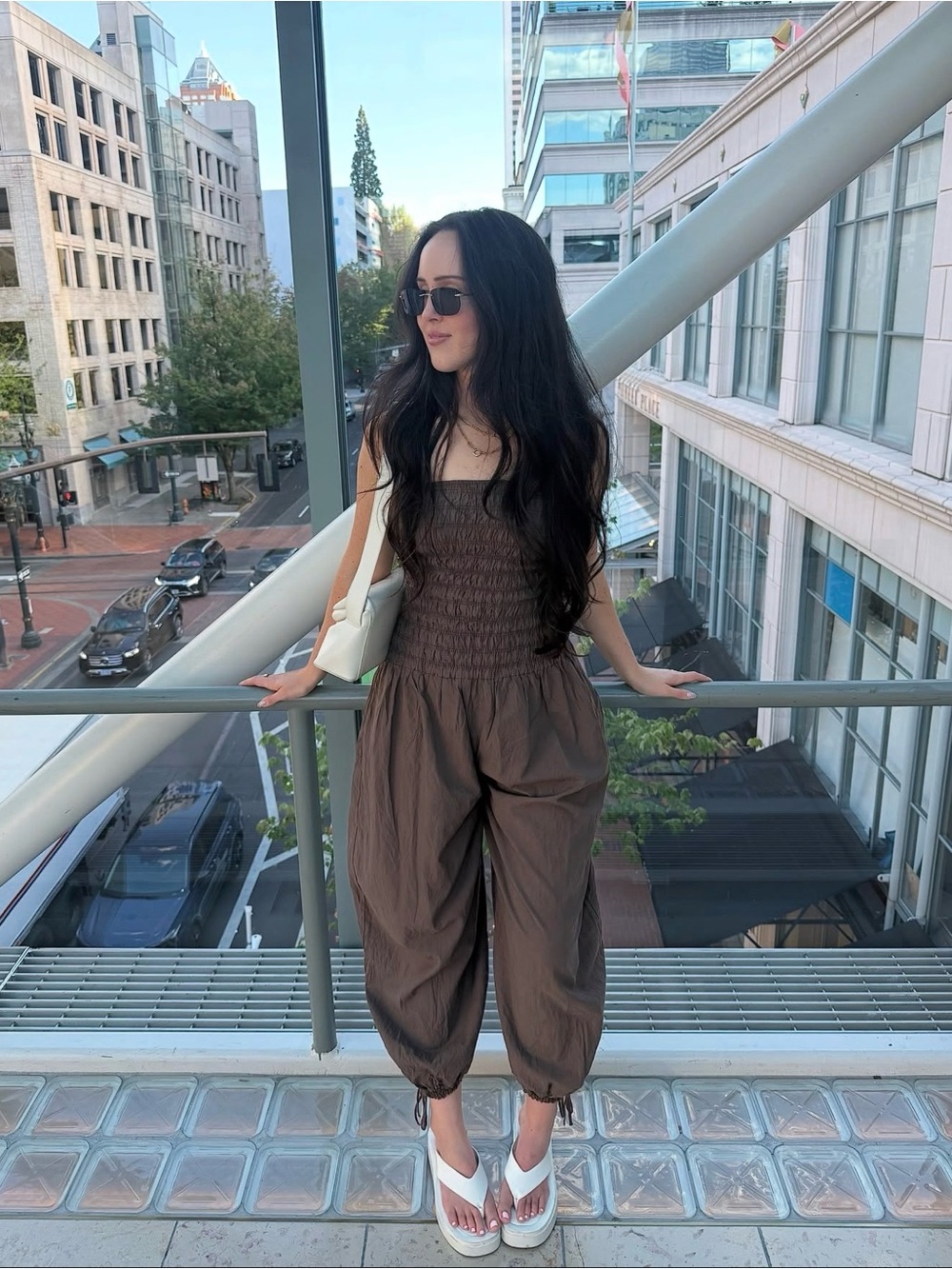 Zara Brown Smocked Strapless Jumpsuit with Drawstring Ankles